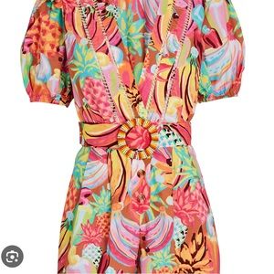 Farm Rio Fruit Salad Romper Belted V-Neck Puff Sleeves Colorful Size Medium